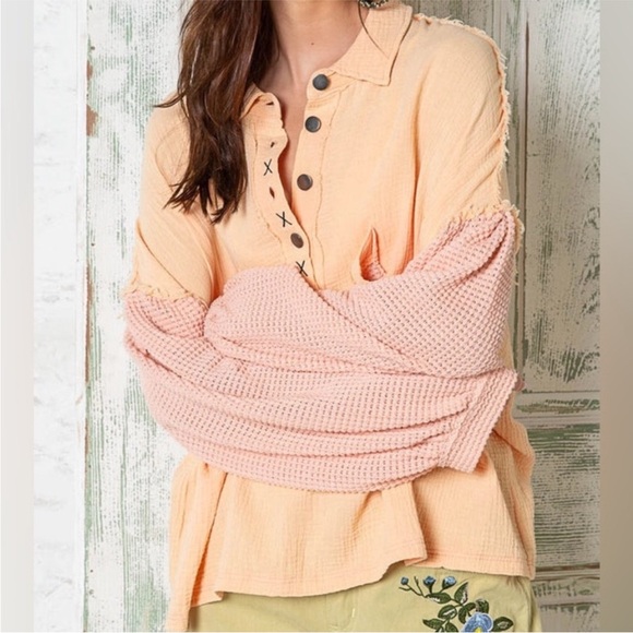 POL Tops - POL Peach Button-Placket Gauze Top with Pink Knit Sleeves